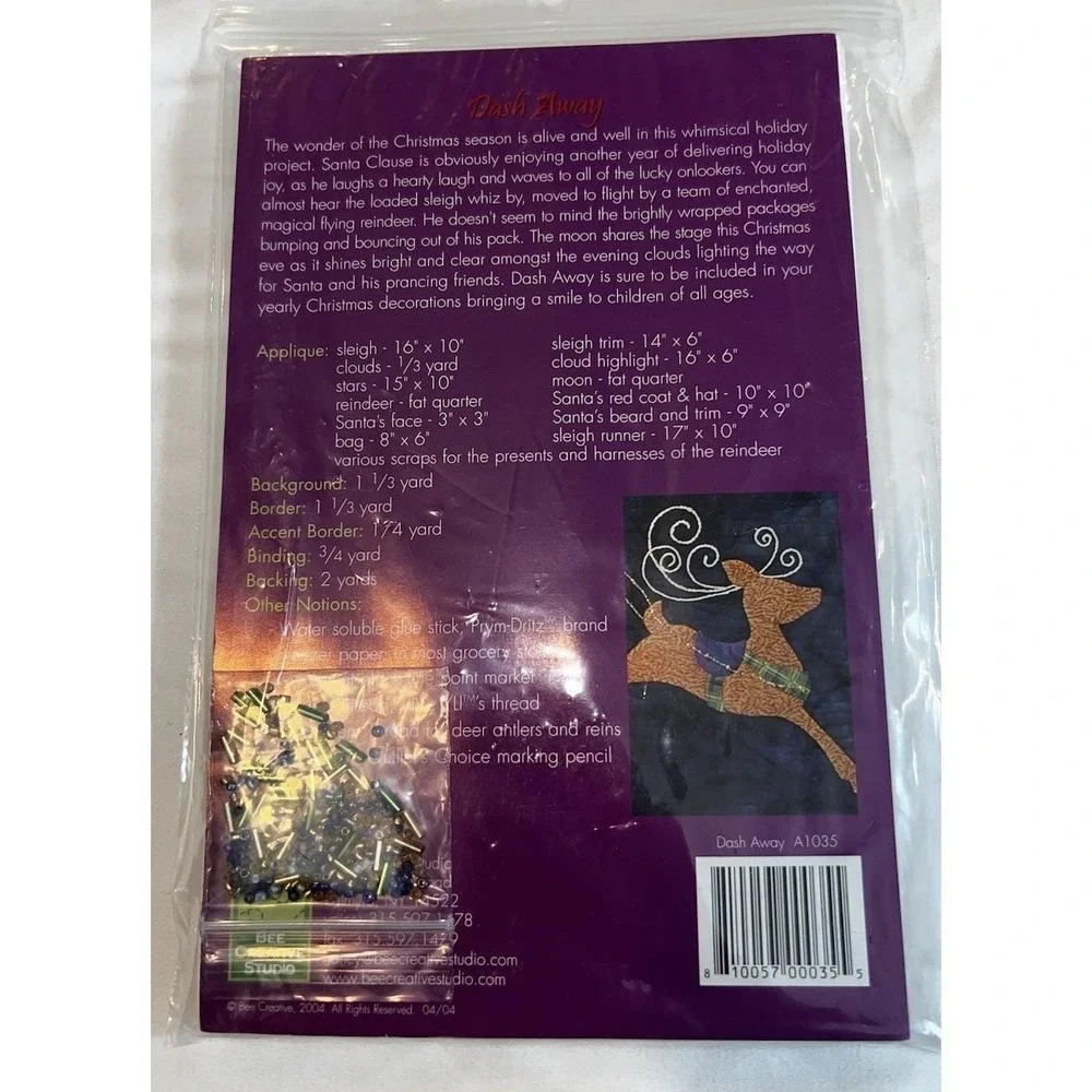 VTG 2004‎ Dash Away Santa Sleigh Quilt Pattern Bee Creative Studio  Instructions
